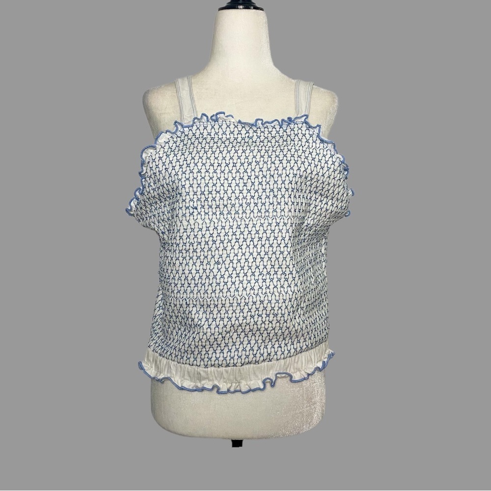 🤎 XL 🤎 Anthro Smocked Tank Top Embroidered Wide Straps Cotton Blend Stretch​